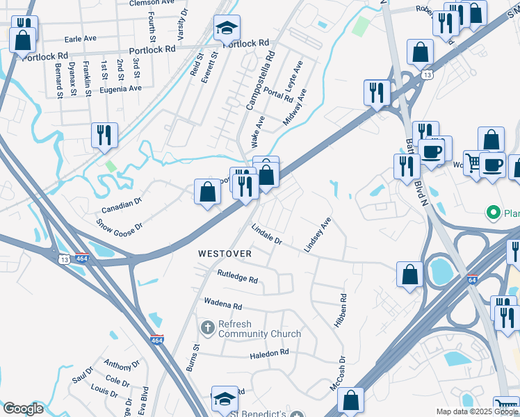 map of restaurants, bars, coffee shops, grocery stores, and more near 1561 Campostella Road in Chesapeake