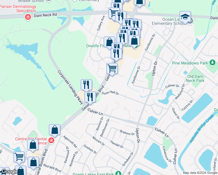 map of restaurants, bars, coffee shops, grocery stores, and more near 1224 Topgallant Court in Virginia Beach
