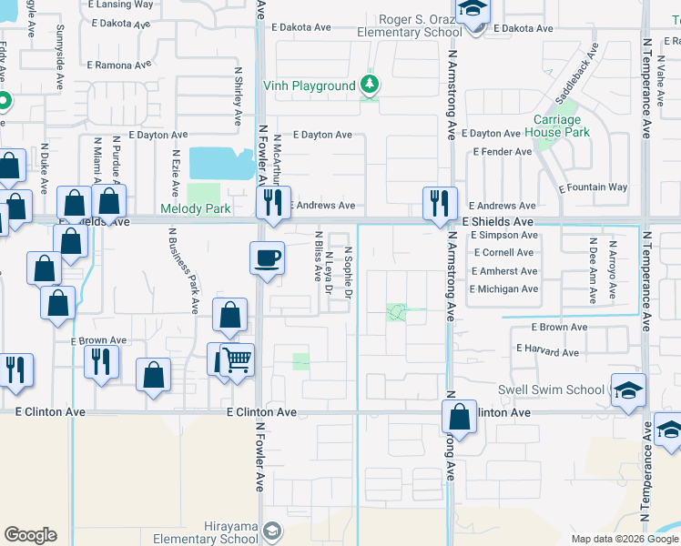 map of restaurants, bars, coffee shops, grocery stores, and more near 2847 North Leya Drive in Fresno
