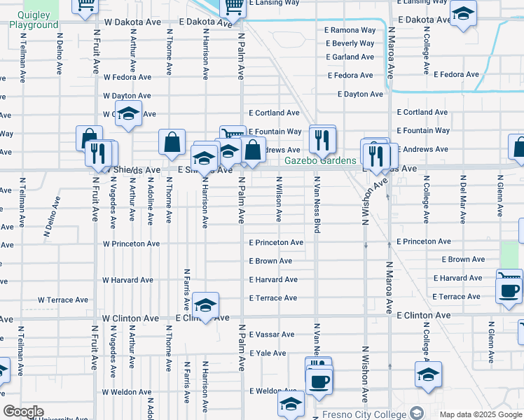 map of restaurants, bars, coffee shops, grocery stores, and more near 329 East Michigan Avenue in Fresno