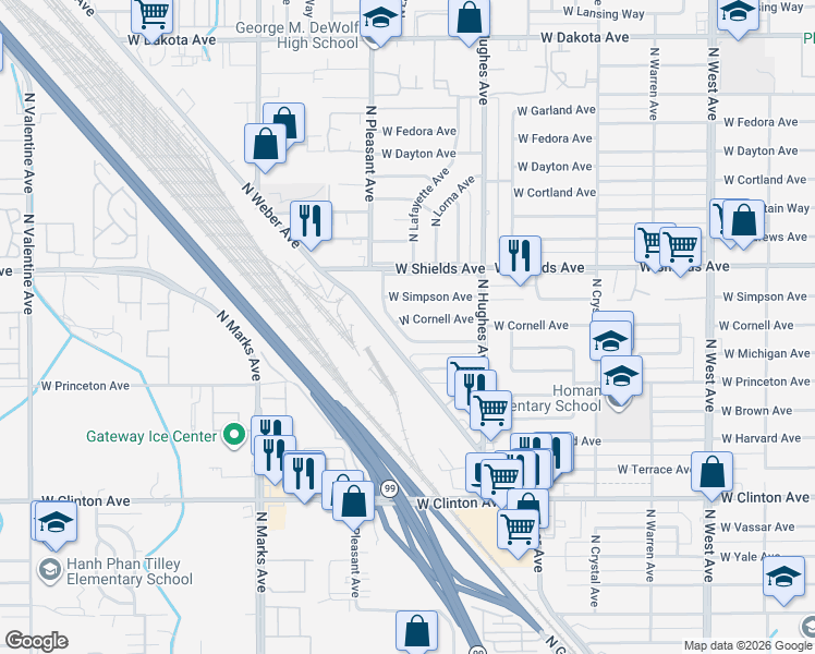map of restaurants, bars, coffee shops, grocery stores, and more near 2329 West Michigan Avenue in Fresno