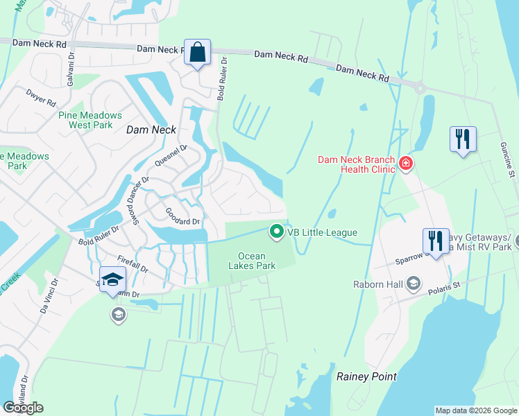 map of restaurants, bars, coffee shops, grocery stores, and more near 521 Sandy Lake Court in Virginia Beach