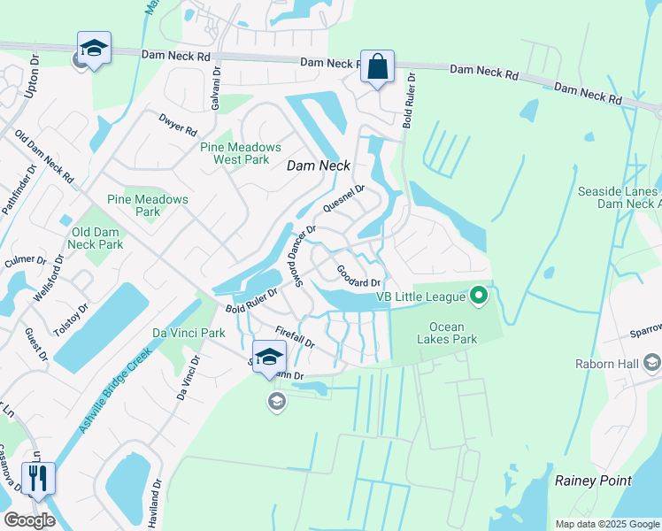 map of restaurants, bars, coffee shops, grocery stores, and more near 1705 Purchase Arch in Virginia Beach