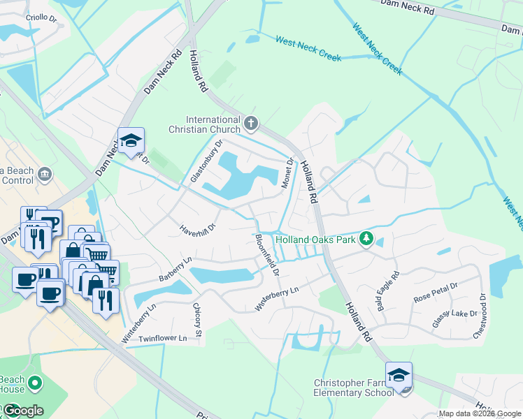 map of restaurants, bars, coffee shops, grocery stores, and more near 1813 Bloomfield Drive in Virginia Beach
