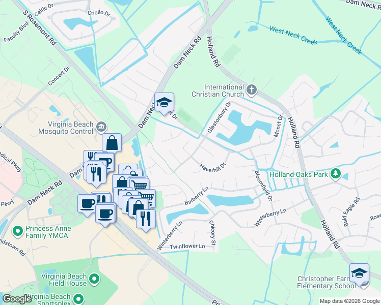 map of restaurants, bars, coffee shops, grocery stores, and more near 1845 Elkins Circle in Virginia Beach
