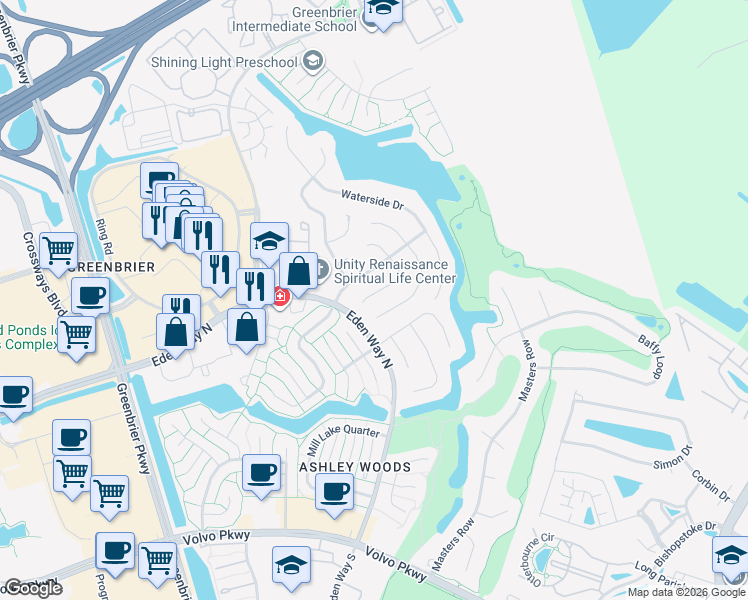 map of restaurants, bars, coffee shops, grocery stores, and more near 1400 Bayberry Court South in Chesapeake