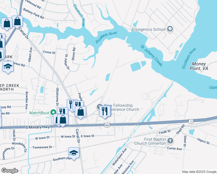 map of restaurants, bars, coffee shops, grocery stores, and more near 941 Michael Drive in Chesapeake