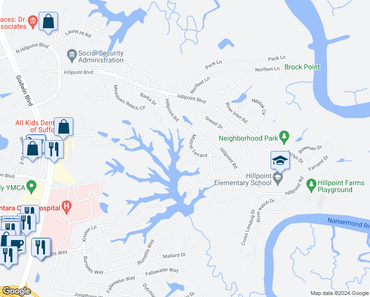 map of restaurants, bars, coffee shops, grocery stores, and more near 102 Ruger Court in Suffolk