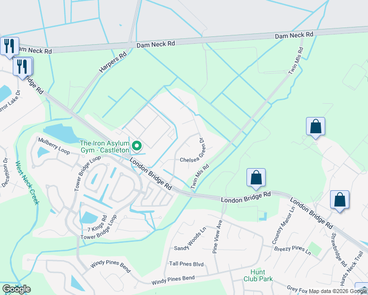 map of restaurants, bars, coffee shops, grocery stores, and more near 1877 Chelsea Green Drive in Virginia Beach