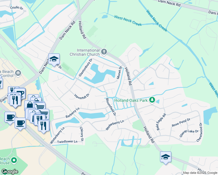 map of restaurants, bars, coffee shops, grocery stores, and more near 3024 Williston Drive in Virginia Beach