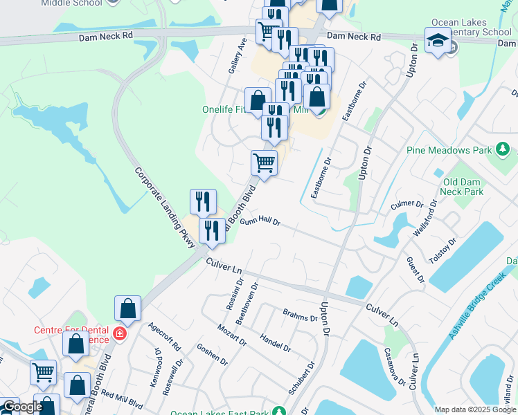 map of restaurants, bars, coffee shops, grocery stores, and more near 1204 Topgallant Court in Virginia Beach