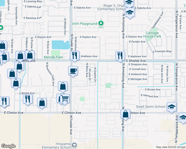 map of restaurants, bars, coffee shops, grocery stores, and more near 2847 North Leya Drive in Fresno