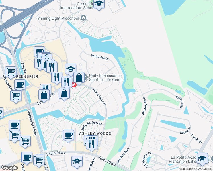 map of restaurants, bars, coffee shops, grocery stores, and more near 1417 Woodside Court in Chesapeake