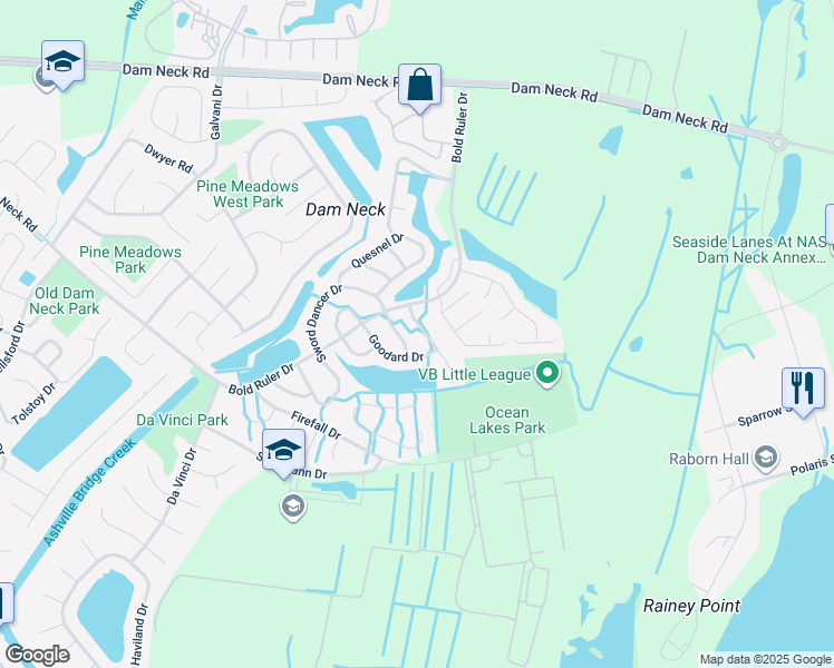 map of restaurants, bars, coffee shops, grocery stores, and more near 1721 Unicorn Drive in Virginia Beach