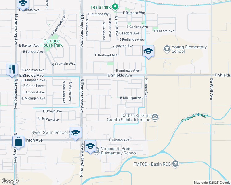 map of restaurants, bars, coffee shops, grocery stores, and more near 2869 North Hornet Avenue in Fresno