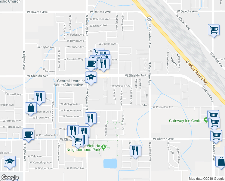 map of restaurants, bars, coffee shops, grocery stores, and more near 2681 North Knoll Drive in Fresno
