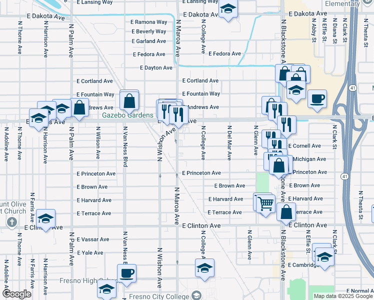 map of restaurants, bars, coffee shops, grocery stores, and more near 936 East Cornell Avenue in Fresno