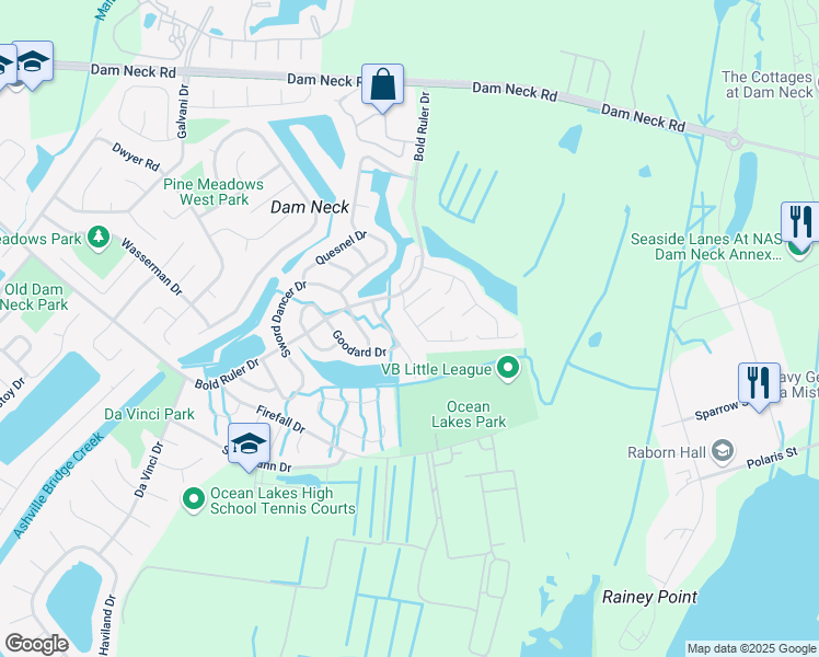 map of restaurants, bars, coffee shops, grocery stores, and more near 1729 Kitimal Drive in Virginia Beach