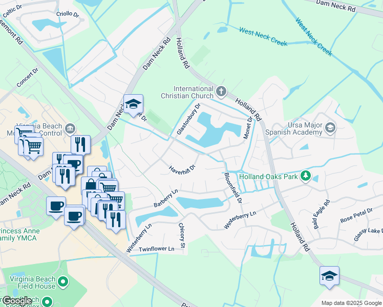 map of restaurants, bars, coffee shops, grocery stores, and more near 3100 Vanderpool Court in Virginia Beach