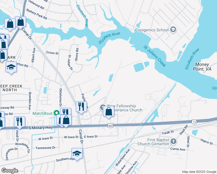 map of restaurants, bars, coffee shops, grocery stores, and more near 940 Michael Drive in Chesapeake