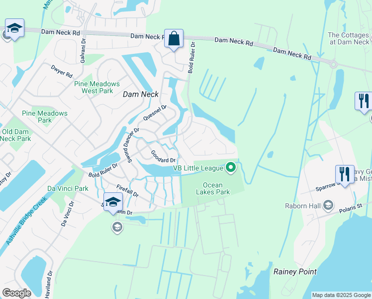 map of restaurants, bars, coffee shops, grocery stores, and more near 1729 Kitimal Drive in Virginia Beach