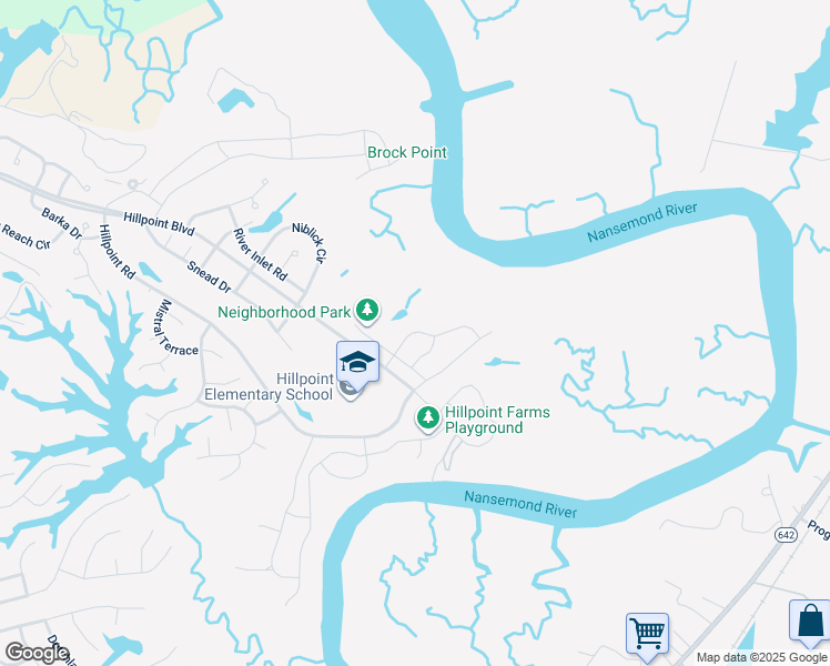 map of restaurants, bars, coffee shops, grocery stores, and more near 110 Bowman Drive in Suffolk