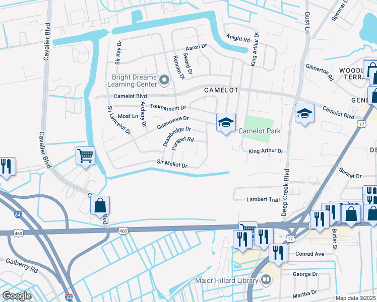 map of restaurants, bars, coffee shops, grocery stores, and more near 817 Jousting Court in Chesapeake