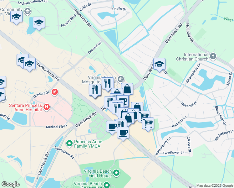 map of restaurants, bars, coffee shops, grocery stores, and more near 3401 Landstown Court in Virginia Beach