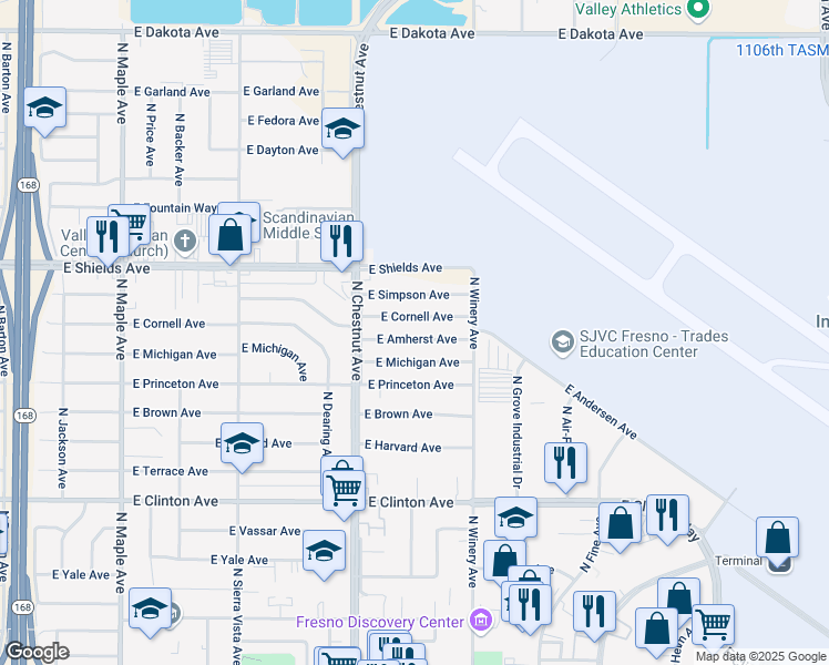 map of restaurants, bars, coffee shops, grocery stores, and more near 4836 East Amherst Avenue in Fresno