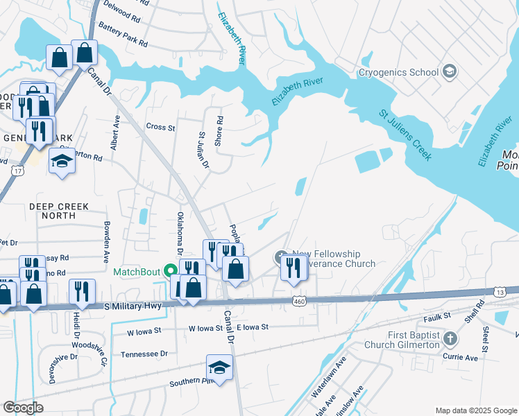 map of restaurants, bars, coffee shops, grocery stores, and more near Girard Avenue in Chesapeake