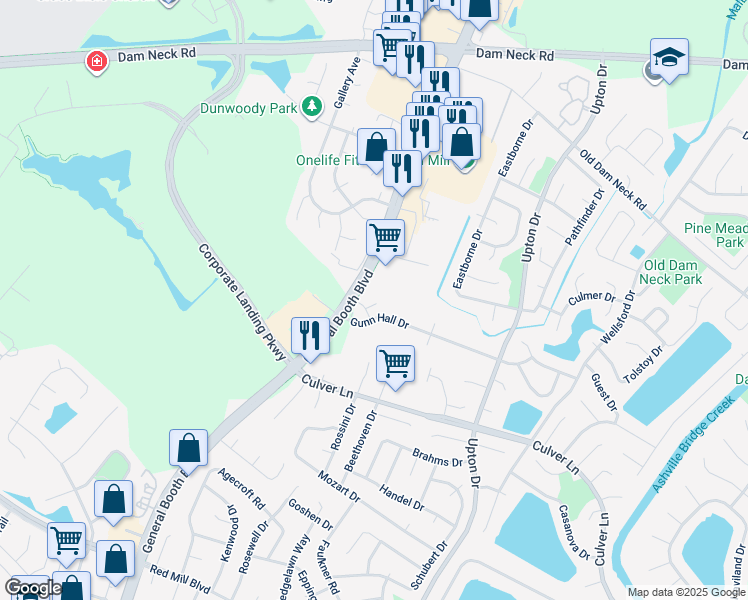 map of restaurants, bars, coffee shops, grocery stores, and more near 1220 Topgallant Court in Virginia Beach