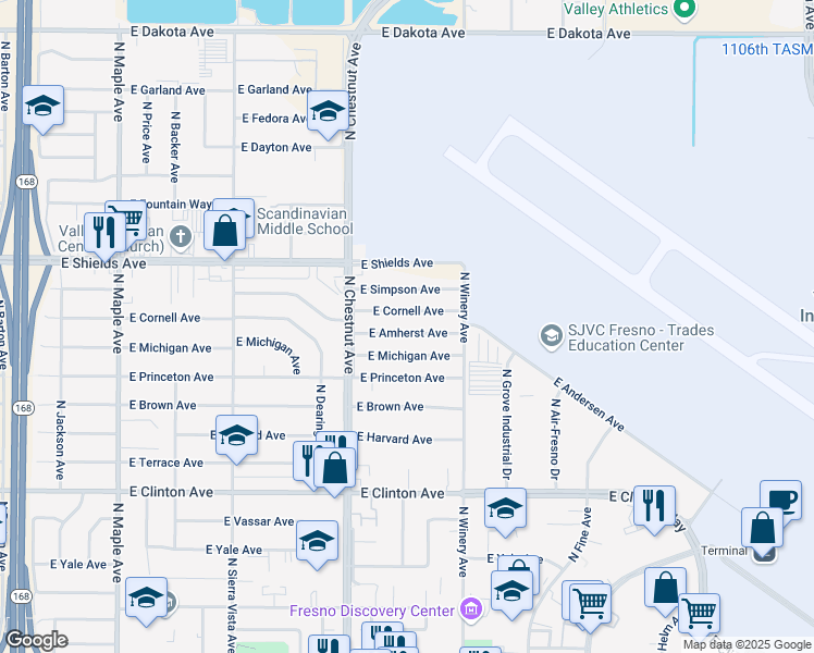 map of restaurants, bars, coffee shops, grocery stores, and more near 4836 East Amherst Avenue in Fresno