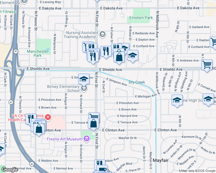 map of restaurants, bars, coffee shops, grocery stores, and more near 2902 North Fisher Street in Fresno