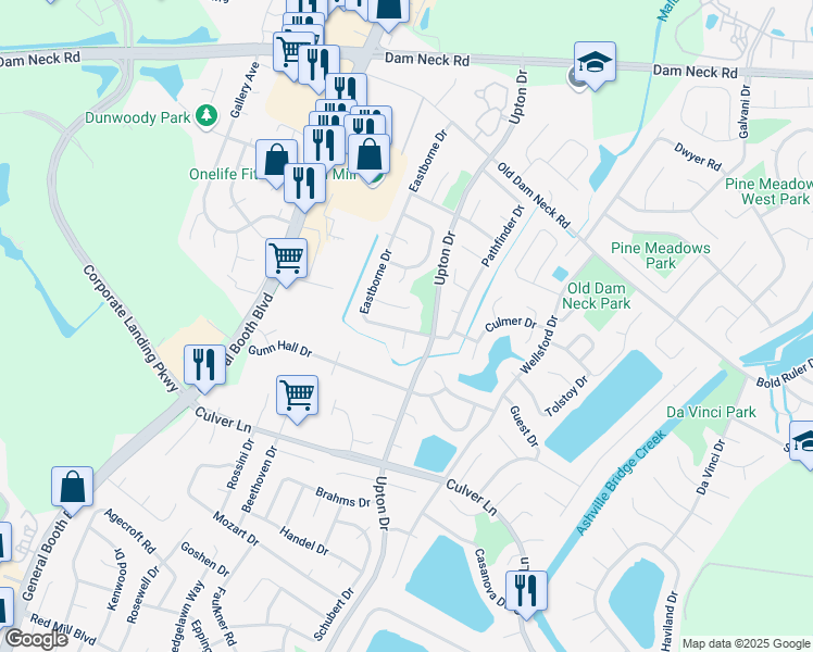 map of restaurants, bars, coffee shops, grocery stores, and more near 1904 Running Creek Court in Virginia Beach