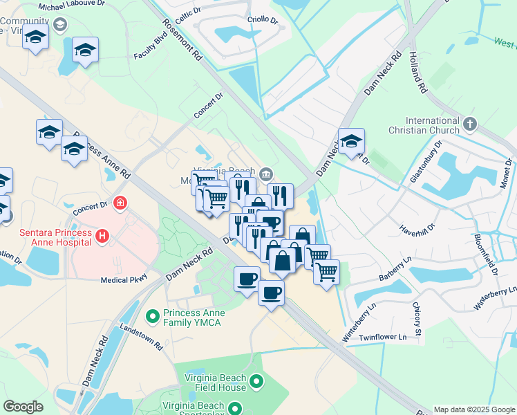 map of restaurants, bars, coffee shops, grocery stores, and more near 3401 Landstown Court in Virginia Beach