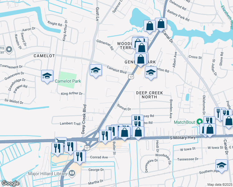 map of restaurants, bars, coffee shops, grocery stores, and more near 2601 Plumlee Drive in Chesapeake