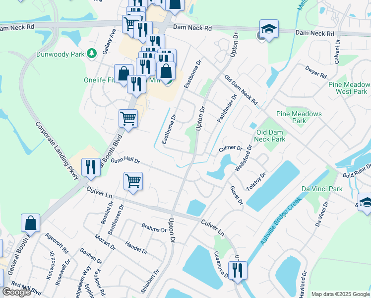map of restaurants, bars, coffee shops, grocery stores, and more near 1904 Running Creek Court in Virginia Beach