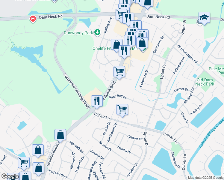 map of restaurants, bars, coffee shops, grocery stores, and more near 1800 Mizzen Lane in Virginia Beach