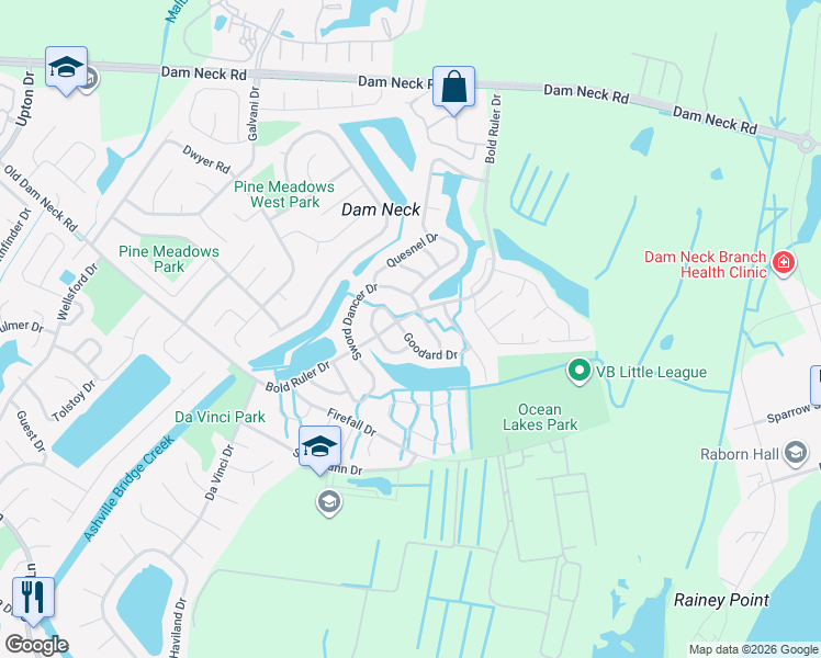 map of restaurants, bars, coffee shops, grocery stores, and more near 754 Goodard Drive in Virginia Beach