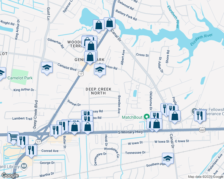 map of restaurants, bars, coffee shops, grocery stores, and more near 2406 Payne Road in Chesapeake