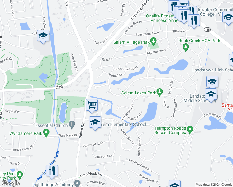 map of restaurants, bars, coffee shops, grocery stores, and more near 2420 Rock Lake Loop in Virginia Beach