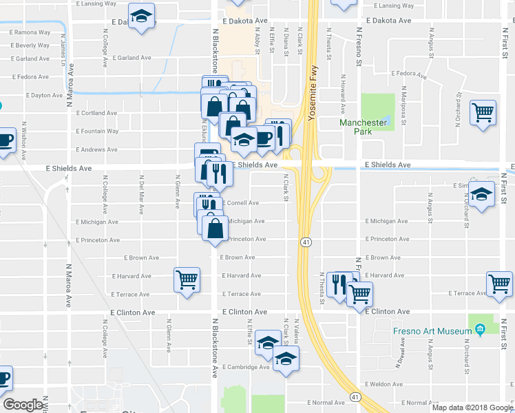 map of restaurants, bars, coffee shops, grocery stores, and more near 1918 East Cornell Avenue in Fresno