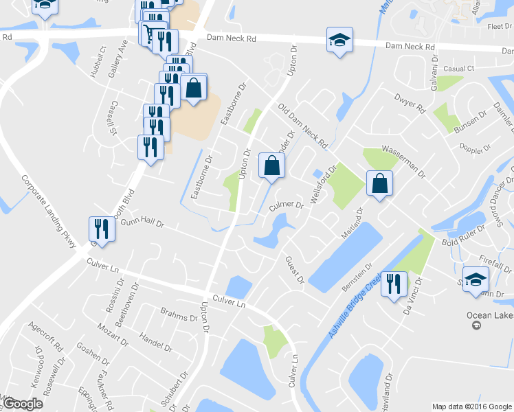 map of restaurants, bars, coffee shops, grocery stores, and more near 1836 Pathfinder Drive in Virginia Beach