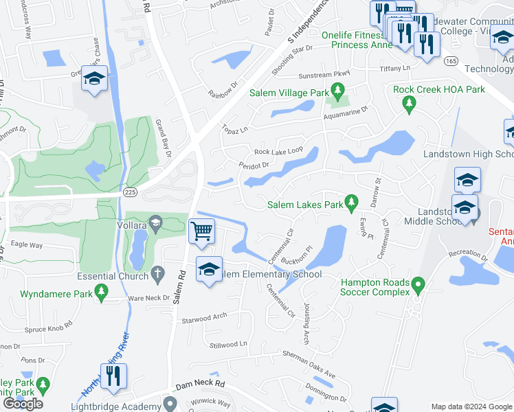 map of restaurants, bars, coffee shops, grocery stores, and more near 2420 Rock Lake Loop in Virginia Beach