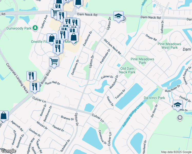 map of restaurants, bars, coffee shops, grocery stores, and more near 1836 Pathfinder Drive in Virginia Beach