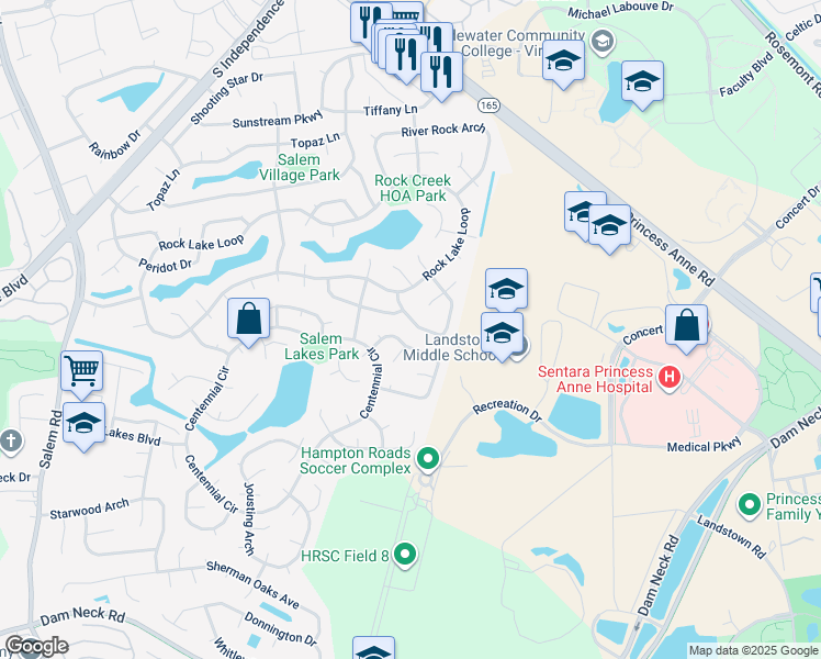 map of restaurants, bars, coffee shops, grocery stores, and more near 2032 Big Boulder Dr in Virginia Beach