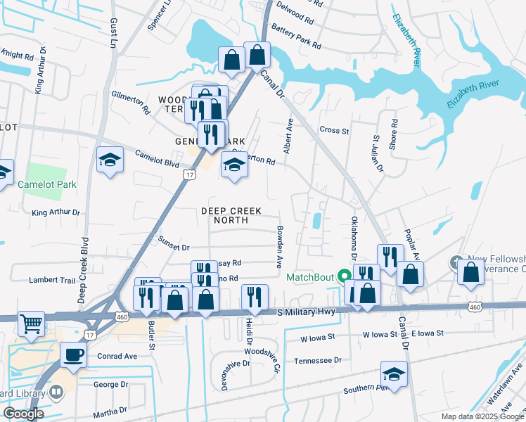 map of restaurants, bars, coffee shops, grocery stores, and more near 2406 Payne Road in Chesapeake
