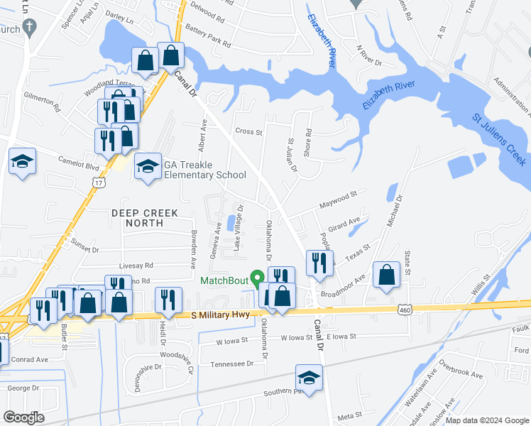 map of restaurants, bars, coffee shops, grocery stores, and more near 2112 Gilmerton Road in Chesapeake