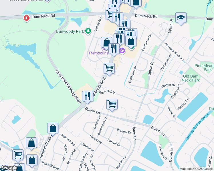map of restaurants, bars, coffee shops, grocery stores, and more near 1204 Topgallant Court in Virginia Beach