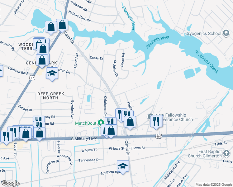 map of restaurants, bars, coffee shops, grocery stores, and more near 2080 Maywood Street in Chesapeake
